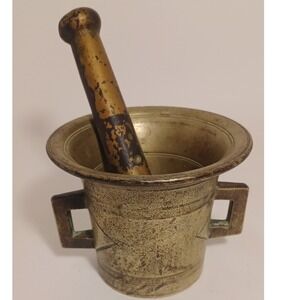Antique Brass Mortar & Pestle Medicine pharmacy herb apothecary grinder Vintage